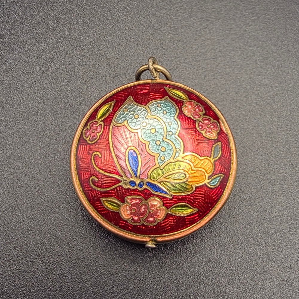 Cloisonne‎ Vintage Pendant Red Excellent Butterfly Floral Enamel 1in